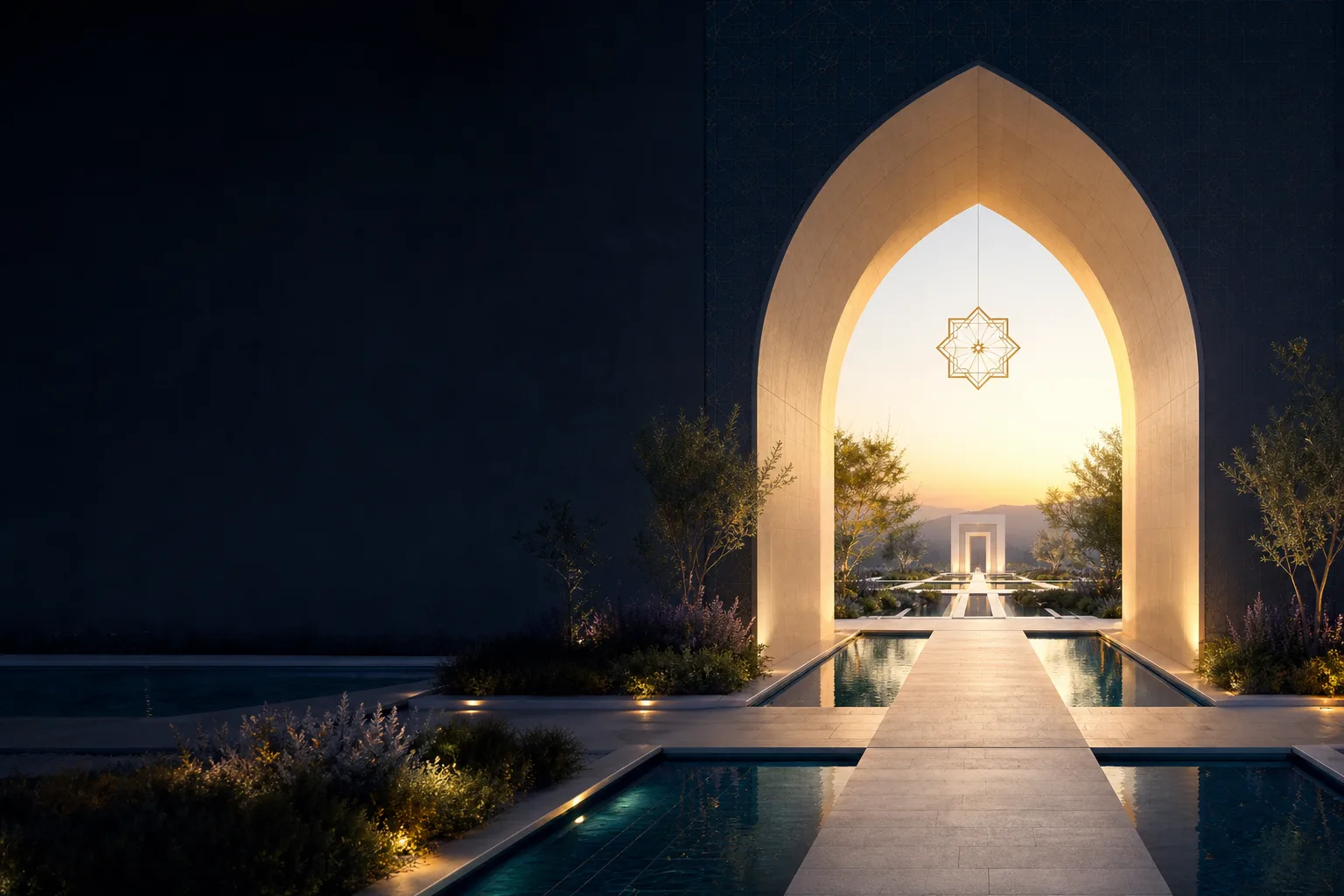 A luminous arch opening into a geometric garden